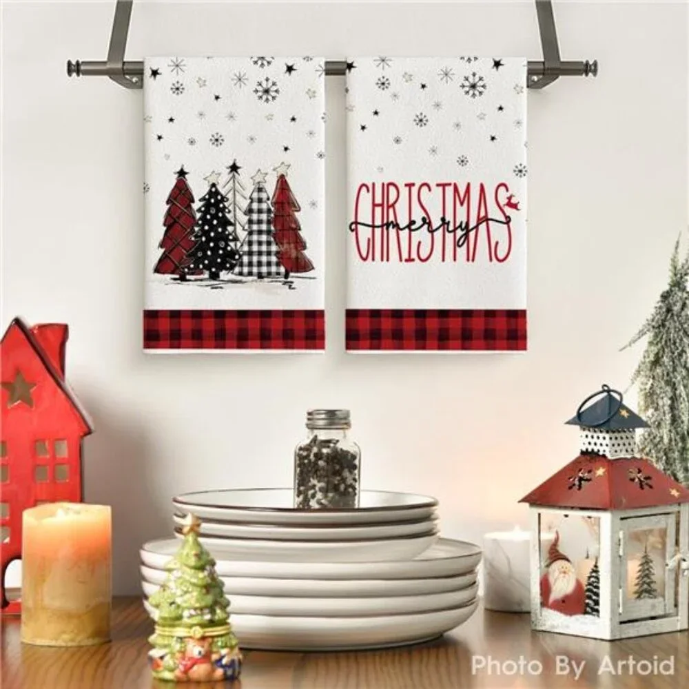 Red Black Plaid Snowman Xmas Trees Christmas Kitchen Towels